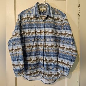 Cabelas Blue Brown Vintage Western Button Down Flannel Shirt Cowboy Silhoutte